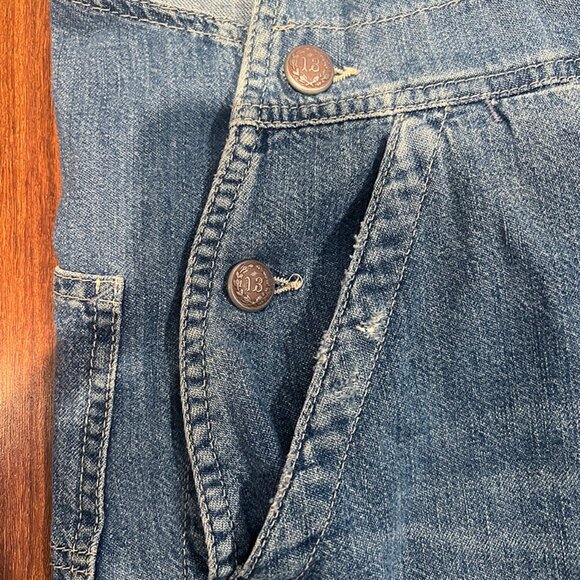 R13 Brindley Wash Distressed Denim Overall Shorts Size M | Frayed Hem - Picture 5 of 6